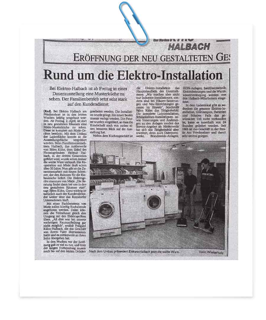 Zeitungsartikel Neueröffnung des Elektrofachgeschäfts Elektro Halbach in Wuppertal
