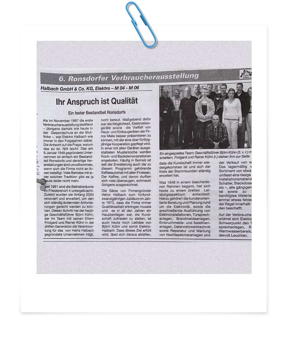 Zeitungsartikel Leistungen von Team Elektro Halbach in Wuppertal