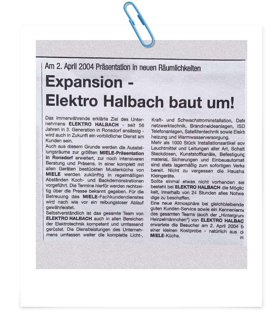 Zeitungsartikel Ausbau des Ladengeschäfts Elektro Halbach in Wuppertal